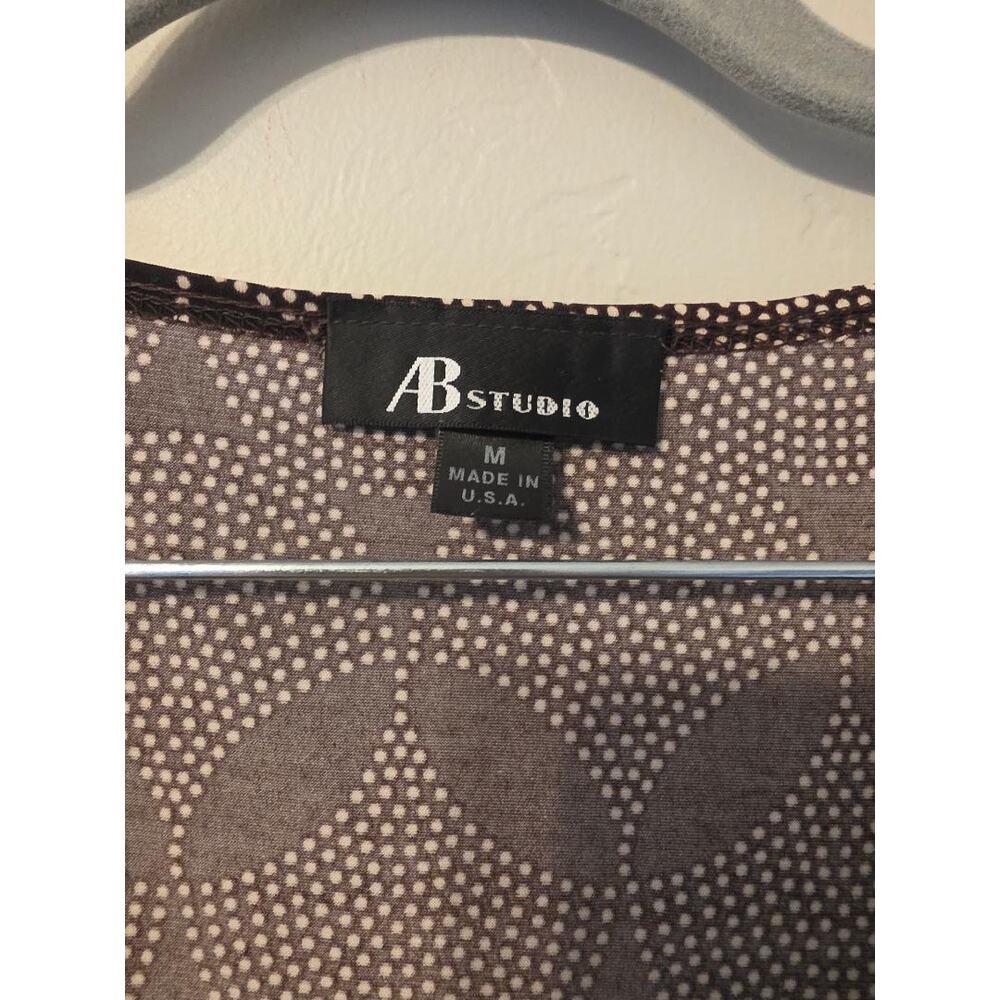 AB Studio Brown Geometric Dot Print Cowl Neck Top Medium Career Stretch Blouse - Picture 4 of 5